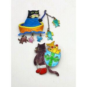 ZARAH 925 Sterling Silver CATS Fishing Fish Brooches Pins